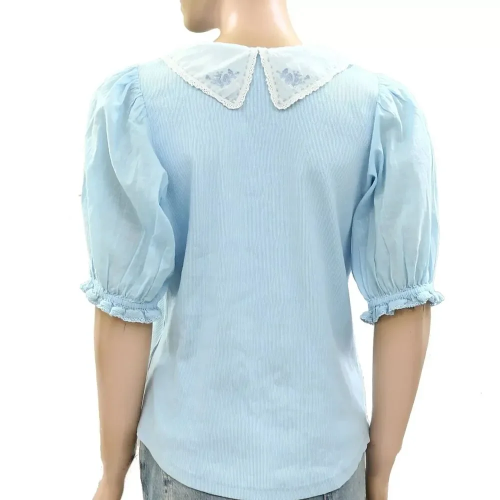 By Anthropologie Short-Sleeve Collared Top Floral Embroidered Ribbed XXS 273656